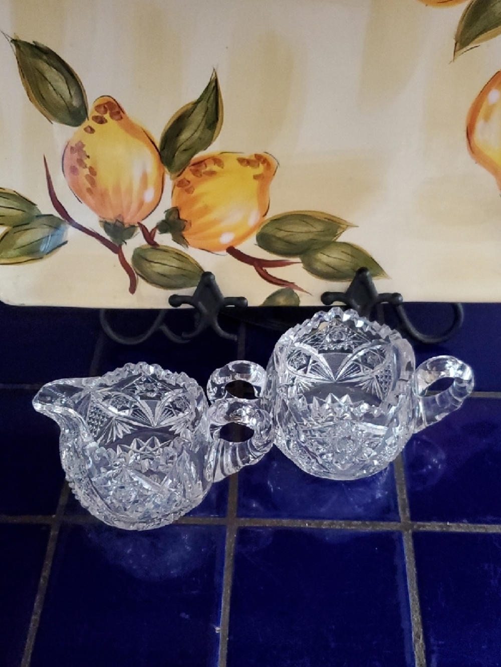 Vintage Starburst Crystal Cut Glass Creamer and Sugar Set